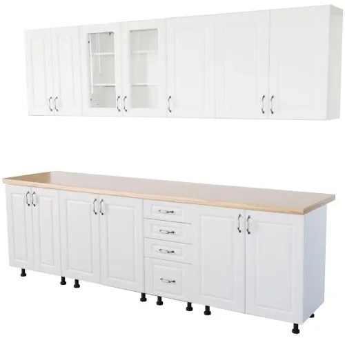 Bucatarie Zebra 260 cm din MDF Alb Mat cu blat termoizolant imitatie crem