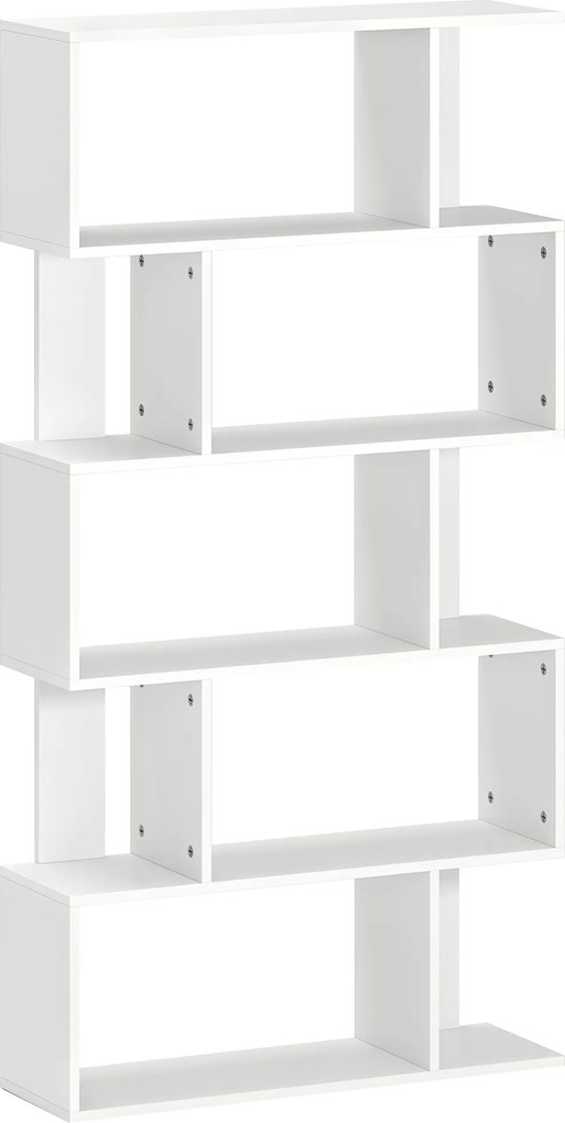 HOMCOM Bibliotecă Asimetrică în Formă de S cu 5 Niveluri și 10 Rafturi Deschise, 80x24x159 cm, Alb | Aosom Romania