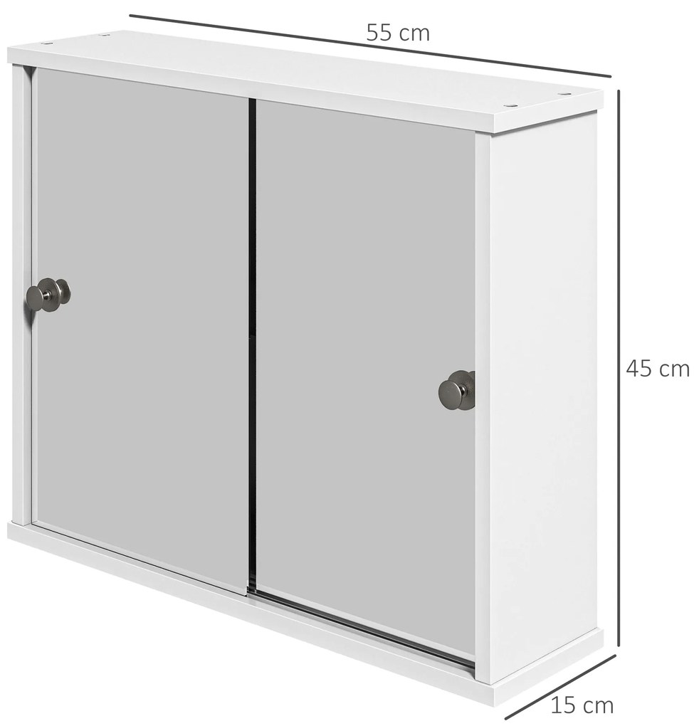 kleankin Dulap cu Oglindă de Perete cu Poliță Reglabilă și Ușă Glisantă Dublă pentru Lavoar 55x15x45 cm Alb Lucios | Aosom Romania