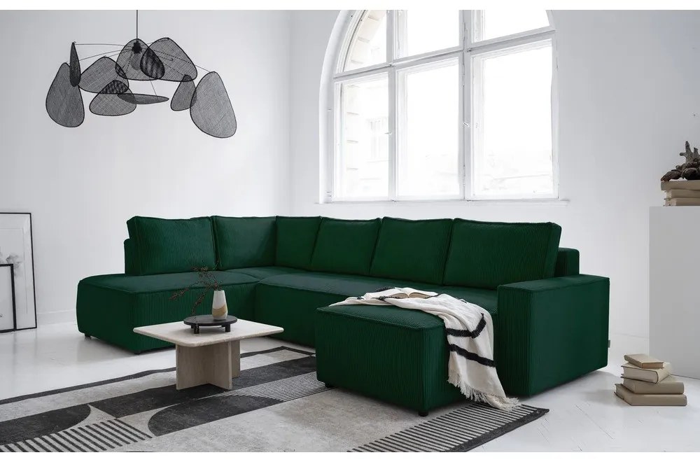 Colțar verde închis extensibil cu tapițerie din catifea reiată (cu colț pe partea stângă /în formă de "U") Brave Dave – Miuform