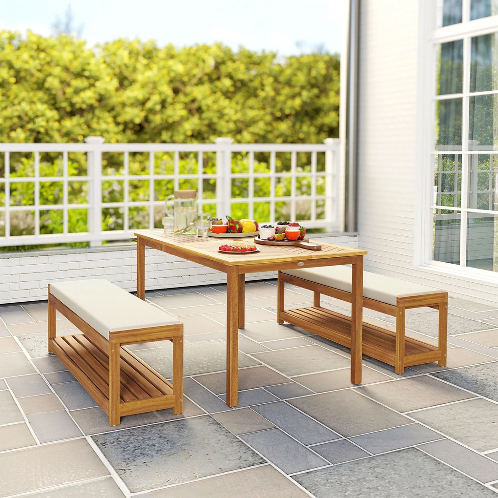 Outsunny Set de mobilier de grădină 3 buc., Set de scaune cu 1 masă cu orificiu pentru umbrelă, 2 bănci 150 x 85 x 75 cm Teak | Aosom Romania