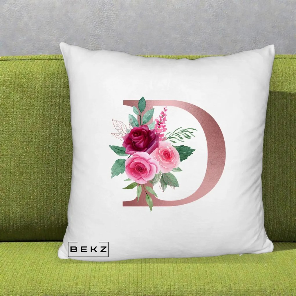 Cadou Personalizat - Perna Personalizata Monograma Rose Gold Litera D, 40x40 cm, Alb Pufos, Husa Detasabila, Perna Inclusa, BEKZ®