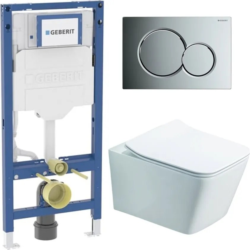 Rezervor WC cu cadru incastrat Geberit Duofix UP320 cu sistem de fixare, clapeta de actionare Sigma01 crom plus vas WC Rune Jord alb cu capac softclose