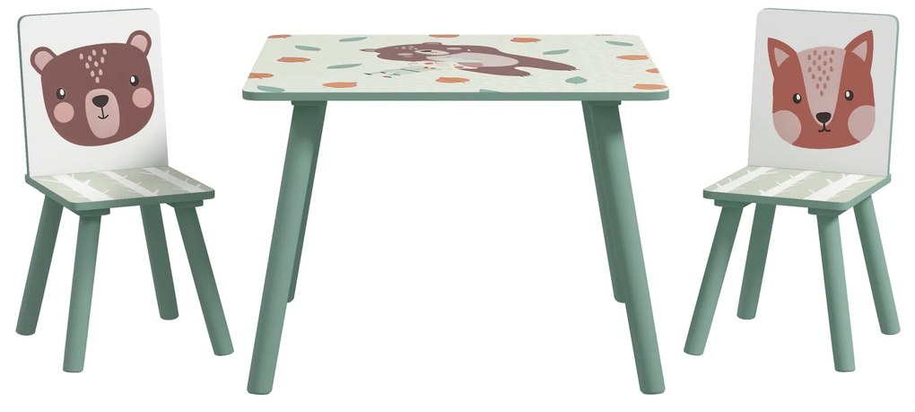 Set masă și scaun ZONEKIZ de 3 piese pentru copii cu vârsta de 3-8 ani din MDF și lemn de pin cu desene animale, de culoare verde | Aosom Romania