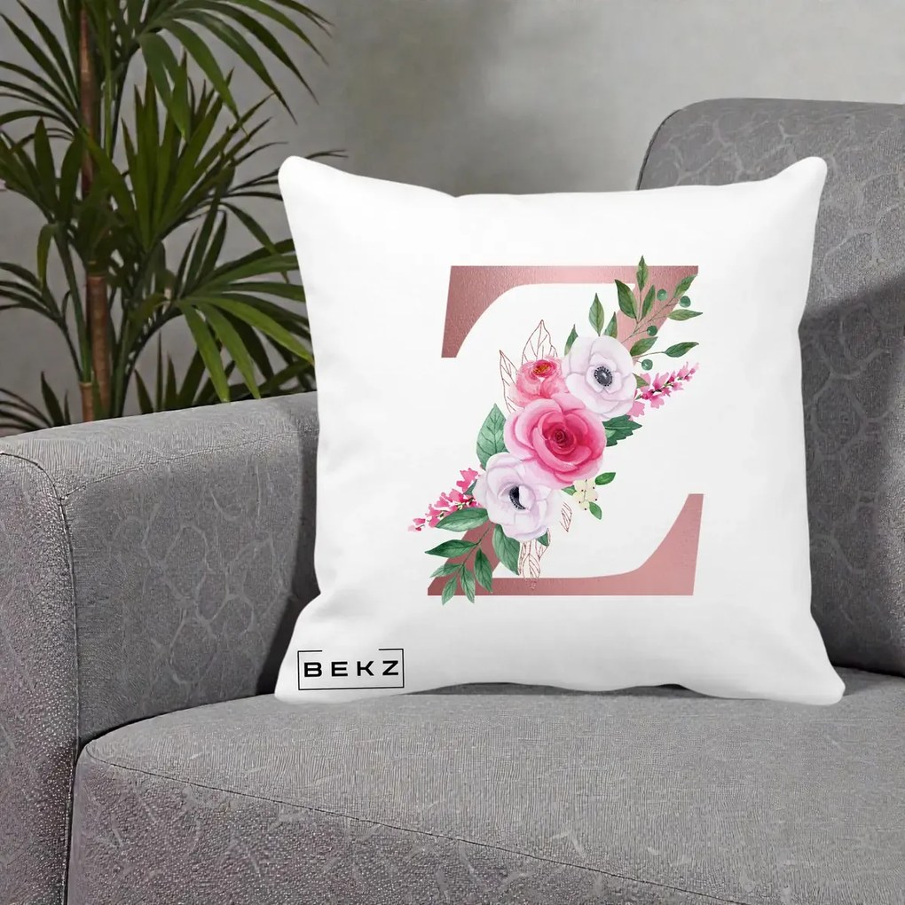 Cadou Personalizat - Perna Personalizata Monograma Rose Gold Litera Z, 40x40 cm, Alba Mata, Husa Detasabila, Perna Inclusa, BEKZ®