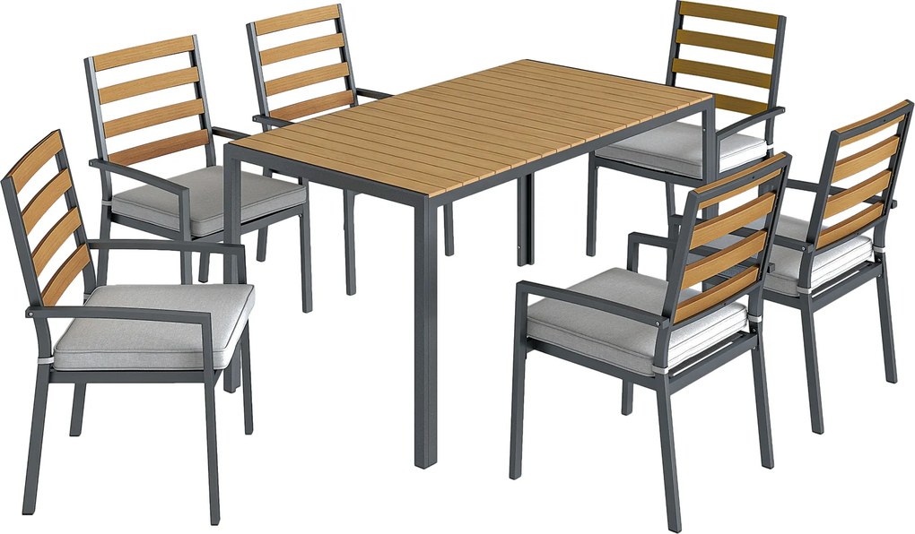 Outsunny Set mobilier grădină 7 piese, set cu 1 masă de dining, 6 scaune, perne, pentru terasă, lemn natural | Aosom Romania