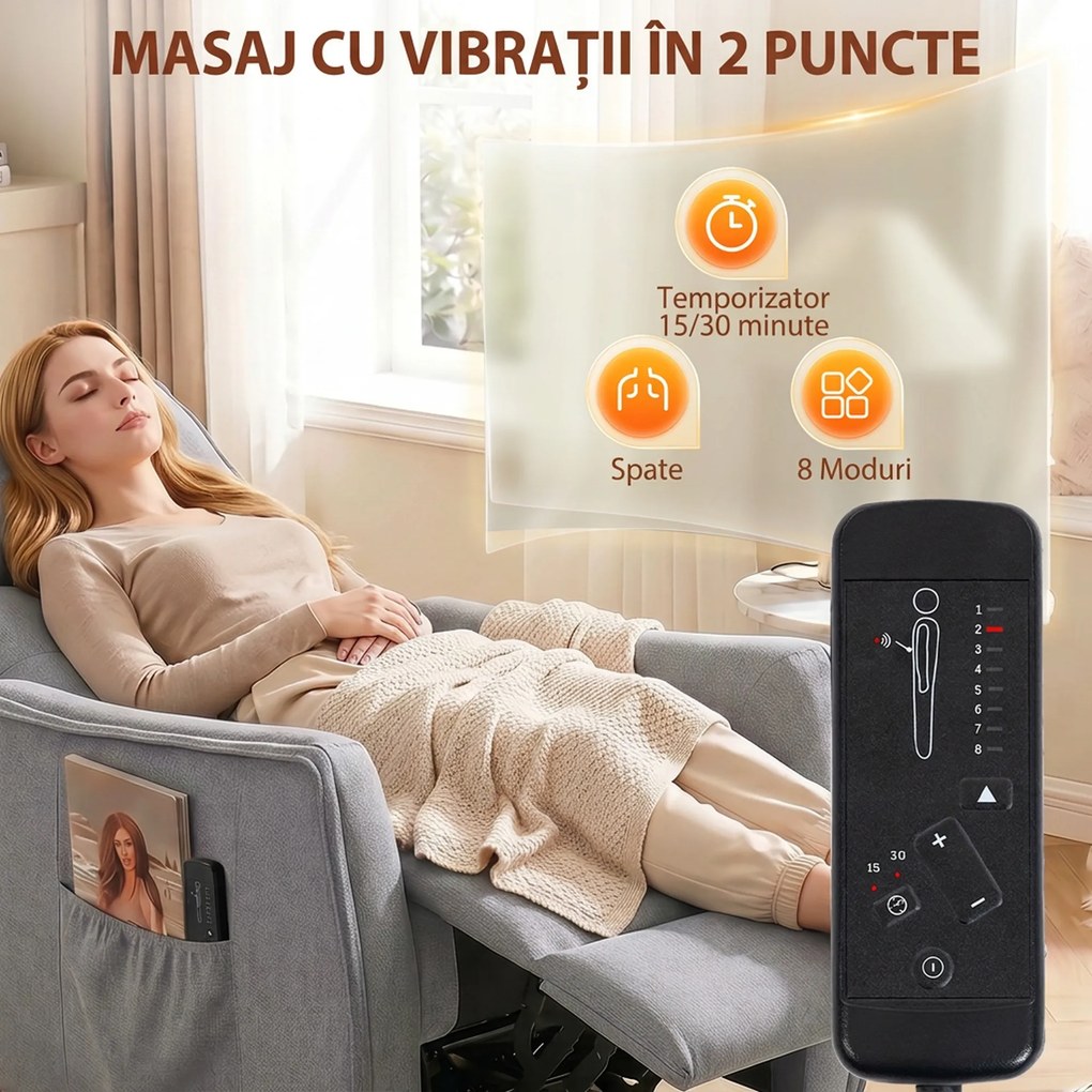 HOMCOM Fotoliu cu Masaj Reclinabil Manual, Material Tip In cu Telecomandă, Gri Deschis | Aosom Romania