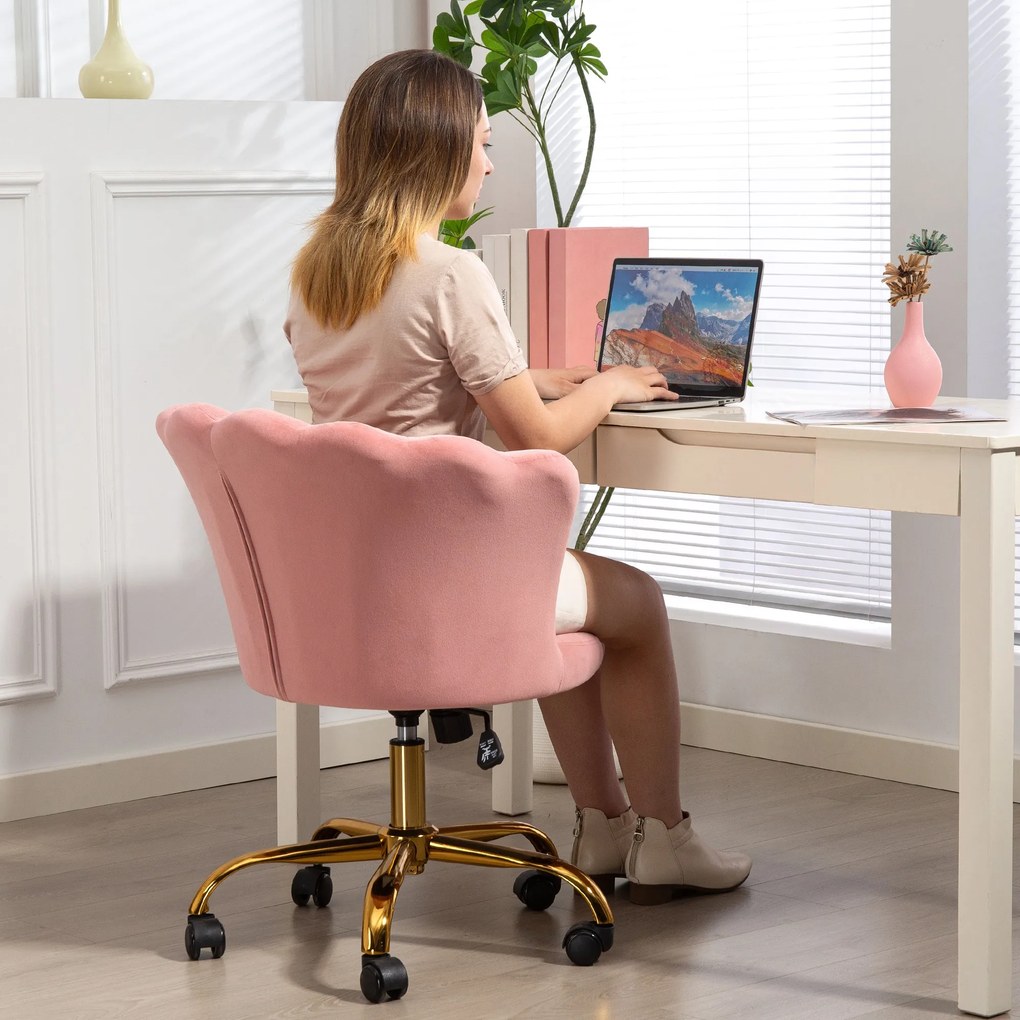 HOMCOM Scaun birou din catifea, scaun de machiaj cu spătar în petală, înălțime reglabilă, 69 x 64 x 80-90 cm, roz | Aosom Romania