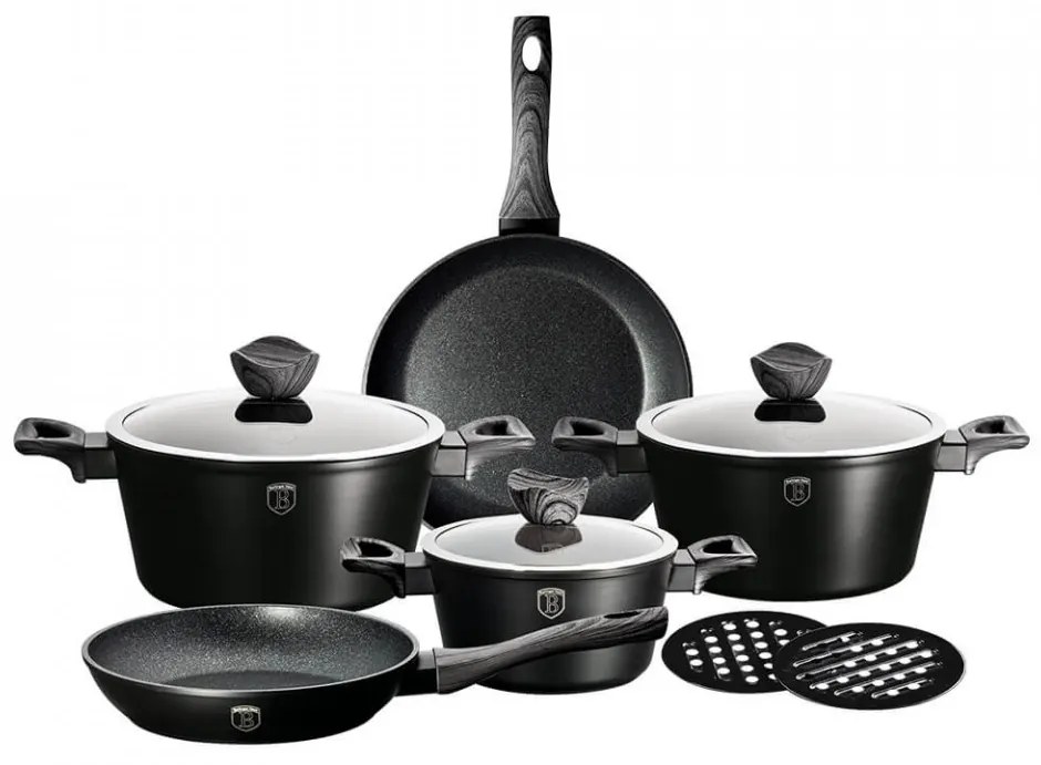 Set oale si tigai marmorate (10 piese) din aluminiu forjat Ebony Dark Gray Collection Berlinger Haus BH 1535