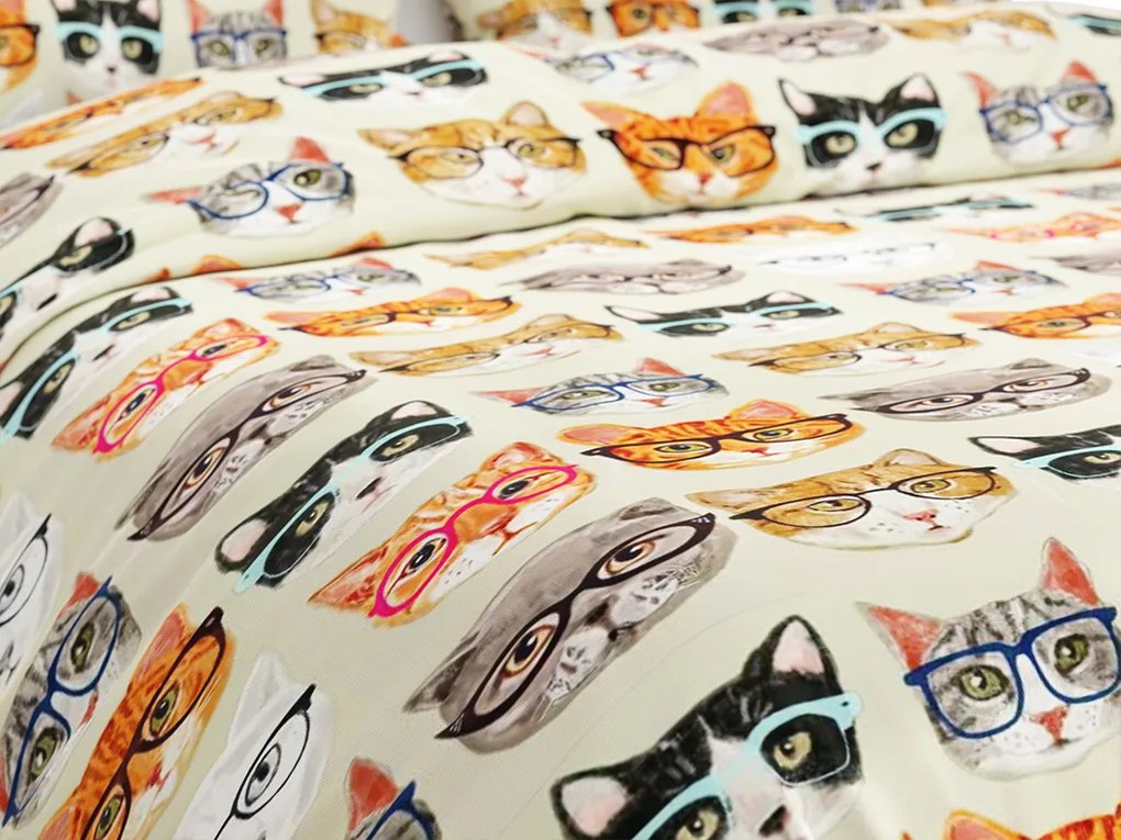 Lenjerie de pat din bumbac bej CAT GLASSES Dimensiune lenjerie de pat: 70 x 90 cm | 140 x 200 cm