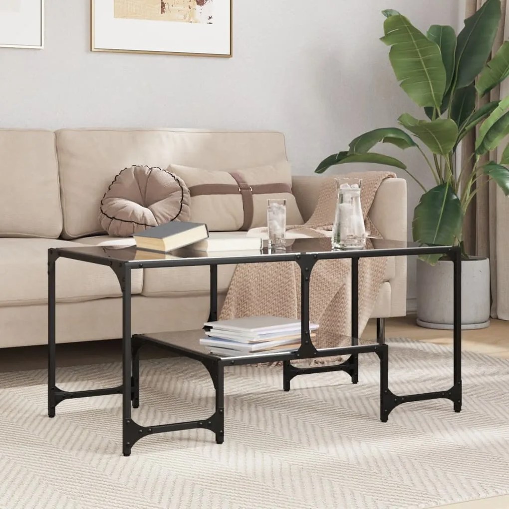 vidaXL Măsuță de cafea cu blat din sticlă neagră 98,5x50x45 cm oțel