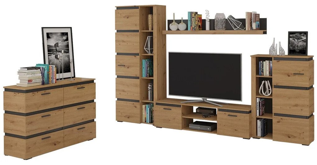 Camera de zi Tucson 125Stejar Artisan, Gri, Cu componente suplimentare, Părți separate, Cu comodă TV, PAL laminat, 190x40cm, 206 kg