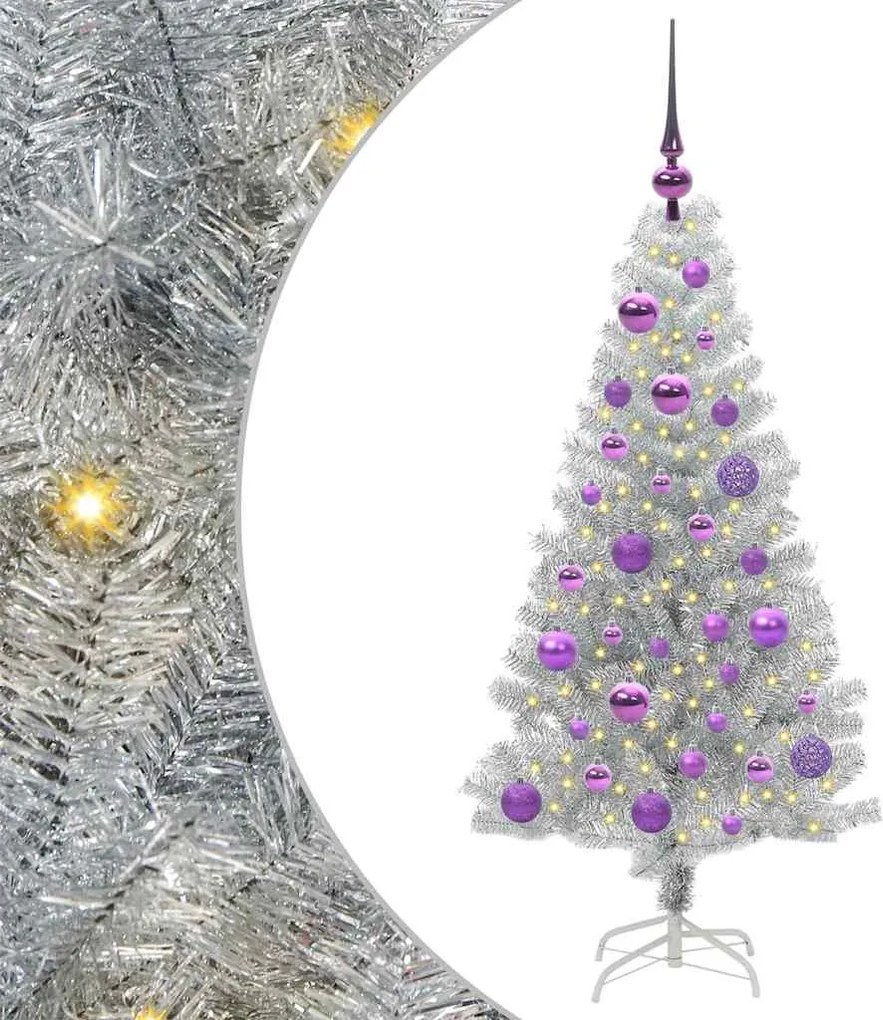 vidaXL Brad de Crăciun cu 150 LED cu suport Argintiu 120 cm PET