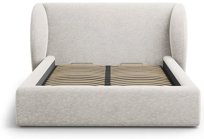 Pat matrimonial gri deschis tapițat cu spațiu de depozitare cu somieră 200x200 cm Miley – Micadoni