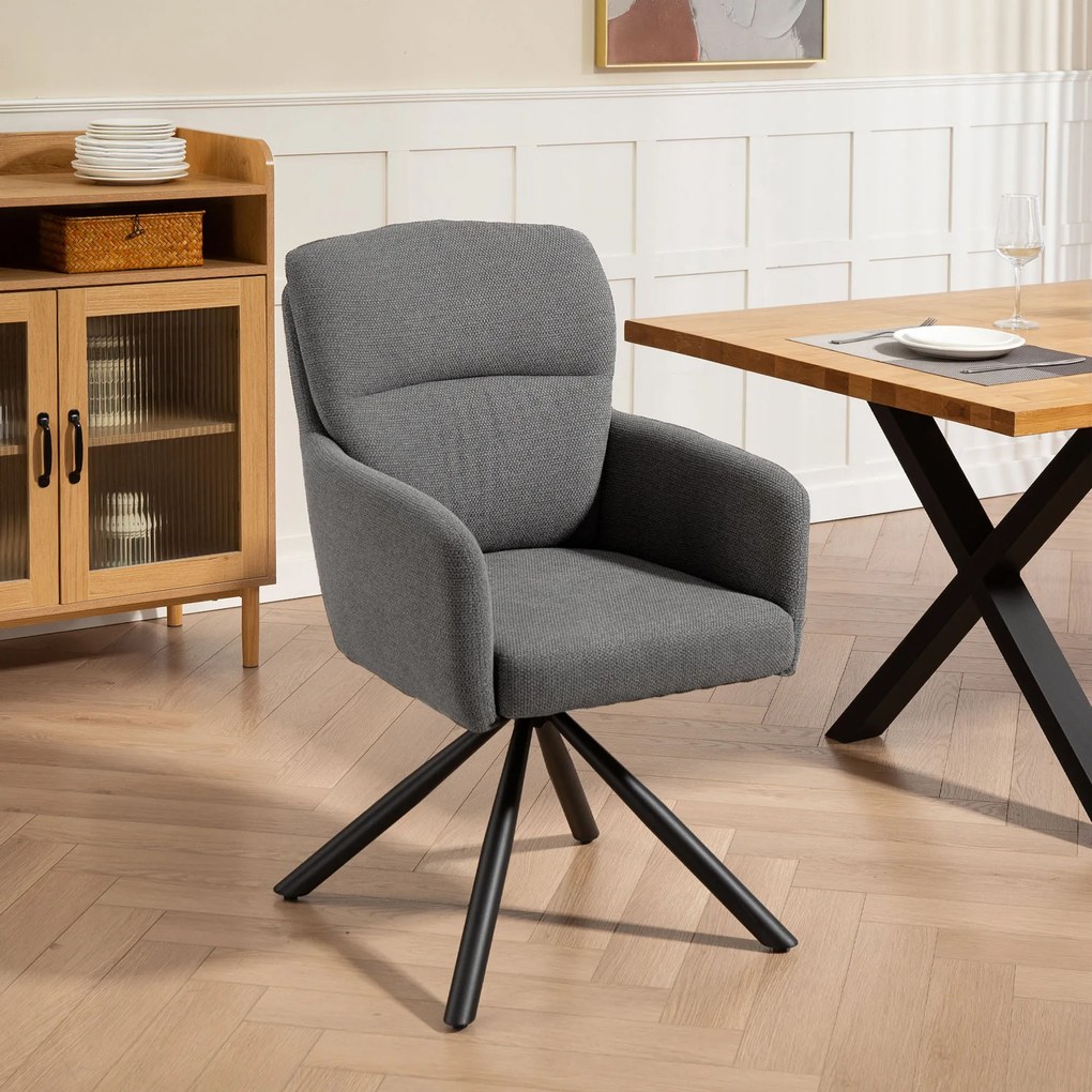 HOMCOM Scaun de dining capitonat, scaun de bucatarie cu perne groase, brate, picioare metalice, Gri | Aosom Romania