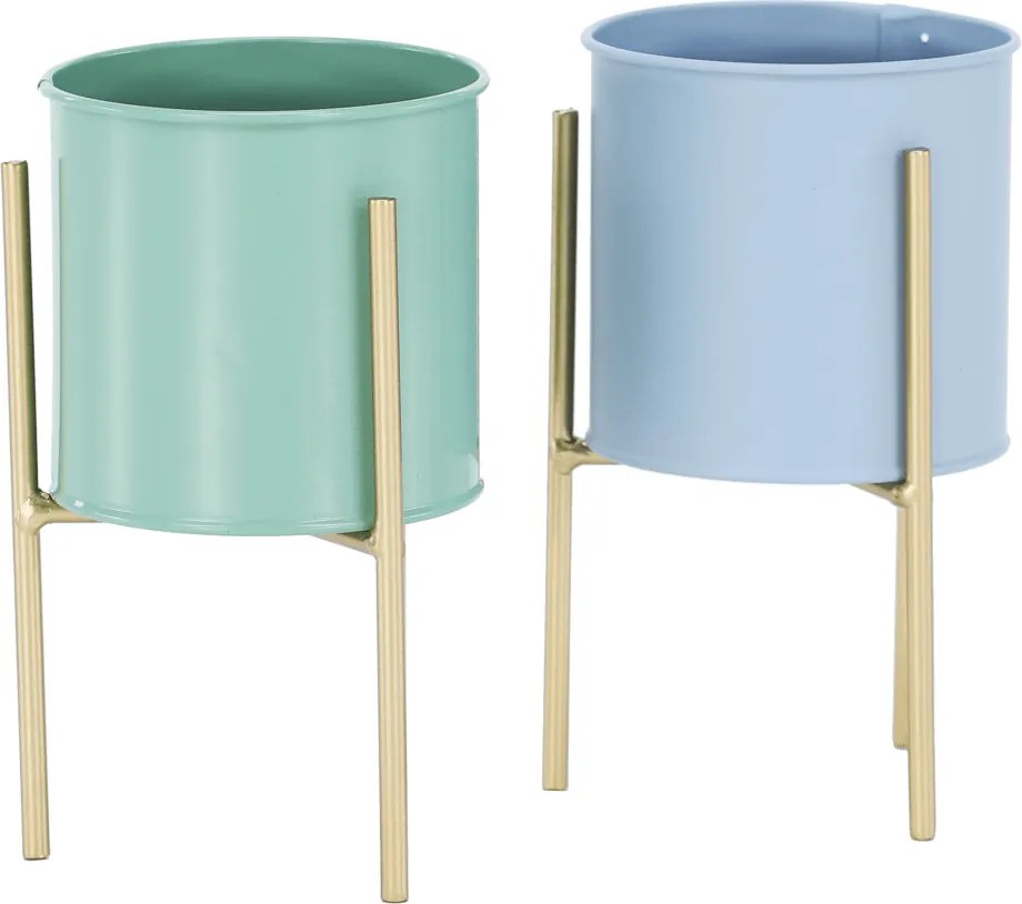 Set 2 ghivece metalice, albastru/neo mentă/auriu, ROZEL SET