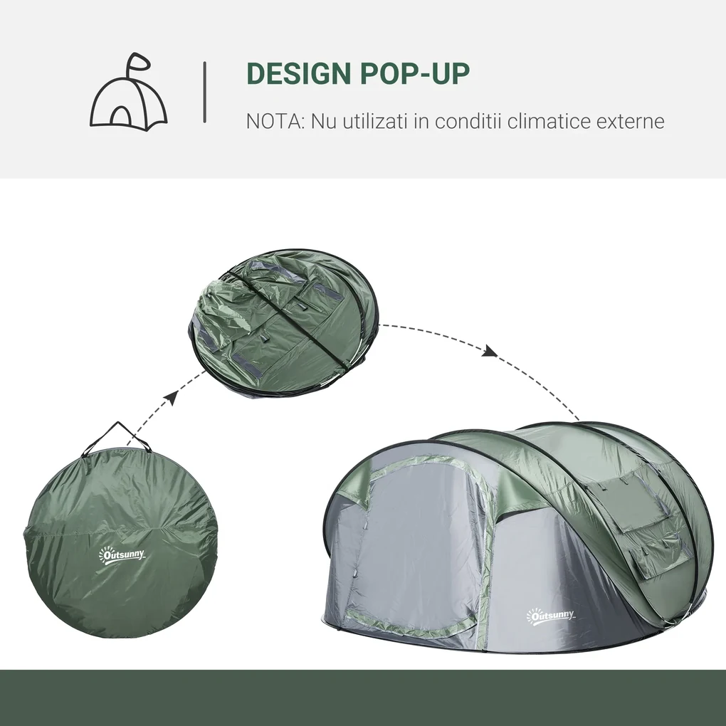 Outsunny Cort de Camping Pop Up pentru 2 Persoane cu 2 Uși, 4 Ferestre și Înveliș Impermeabil, 263.5x220x123 cm, Verde | Aosom Romania