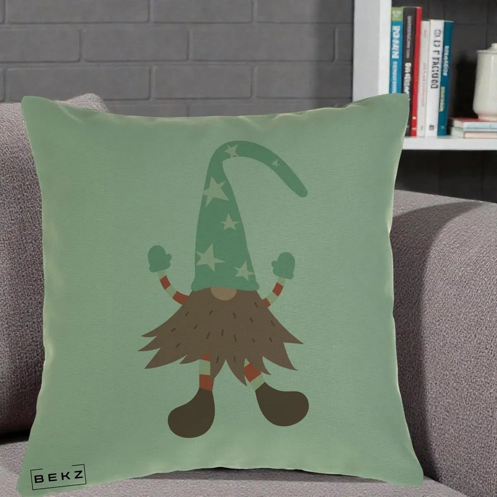 Perna Decorativa Pitic Gnom Nordic cu Cadou Menta, 40x40 cm, Verde, Husa Detasabila, Perna Inclusa, BEKZ®