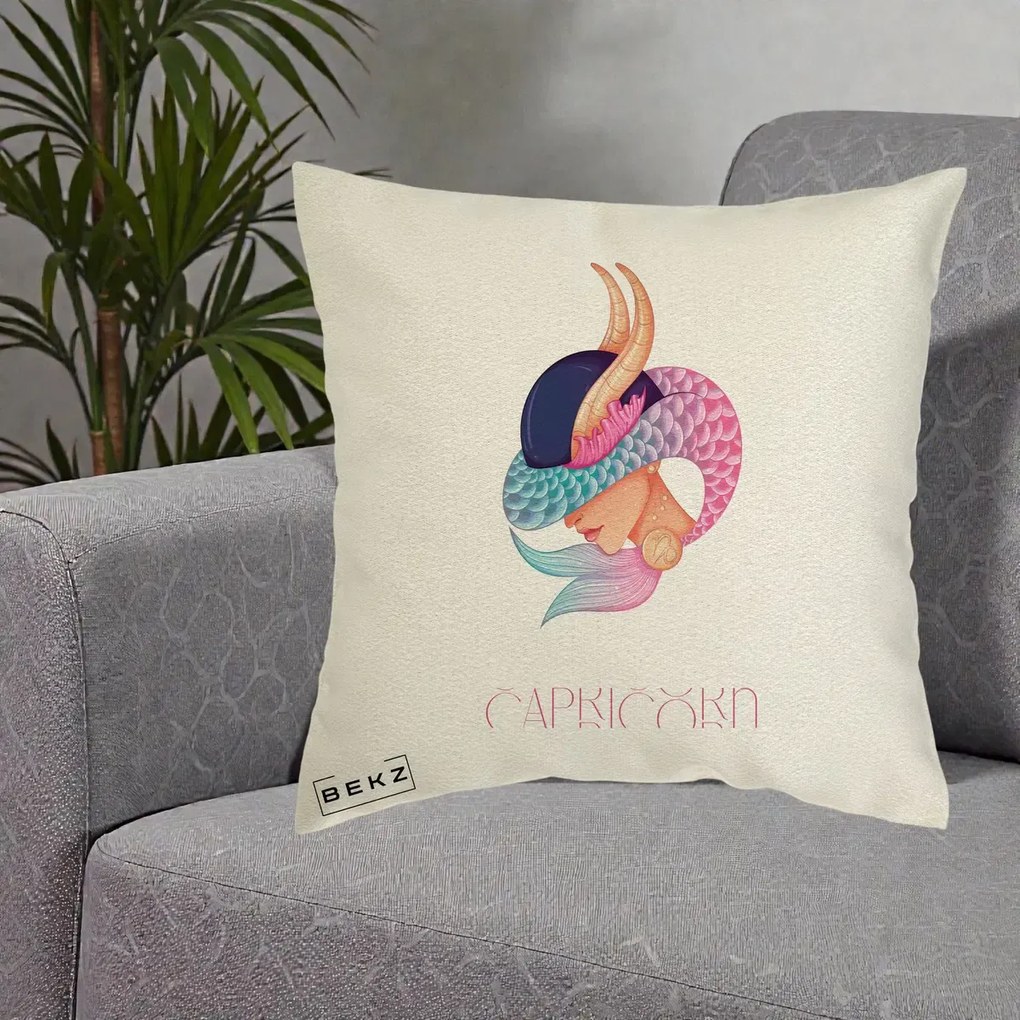 Perna Personalizata Zodiac Capricorn Cowgirl, 40x40 cm, Ecru, Husa Detasabila, Perna Inclusa, BEKZ®