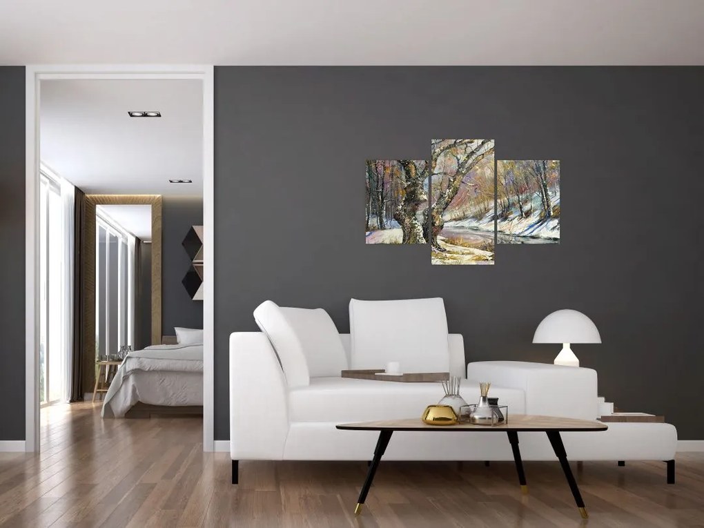 Tablou cu peisaj de iarnă pictat (90x60 cm)