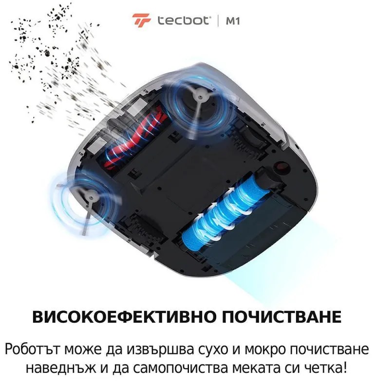 Robot aspirator Tecbot M1, Li-ion 5200 mAh, 4000 Pa, 0.5 l, HEPA, Wi-Fi, Autonomie pana la 160 min, Mop cu mop cu auto-curatare, Alb