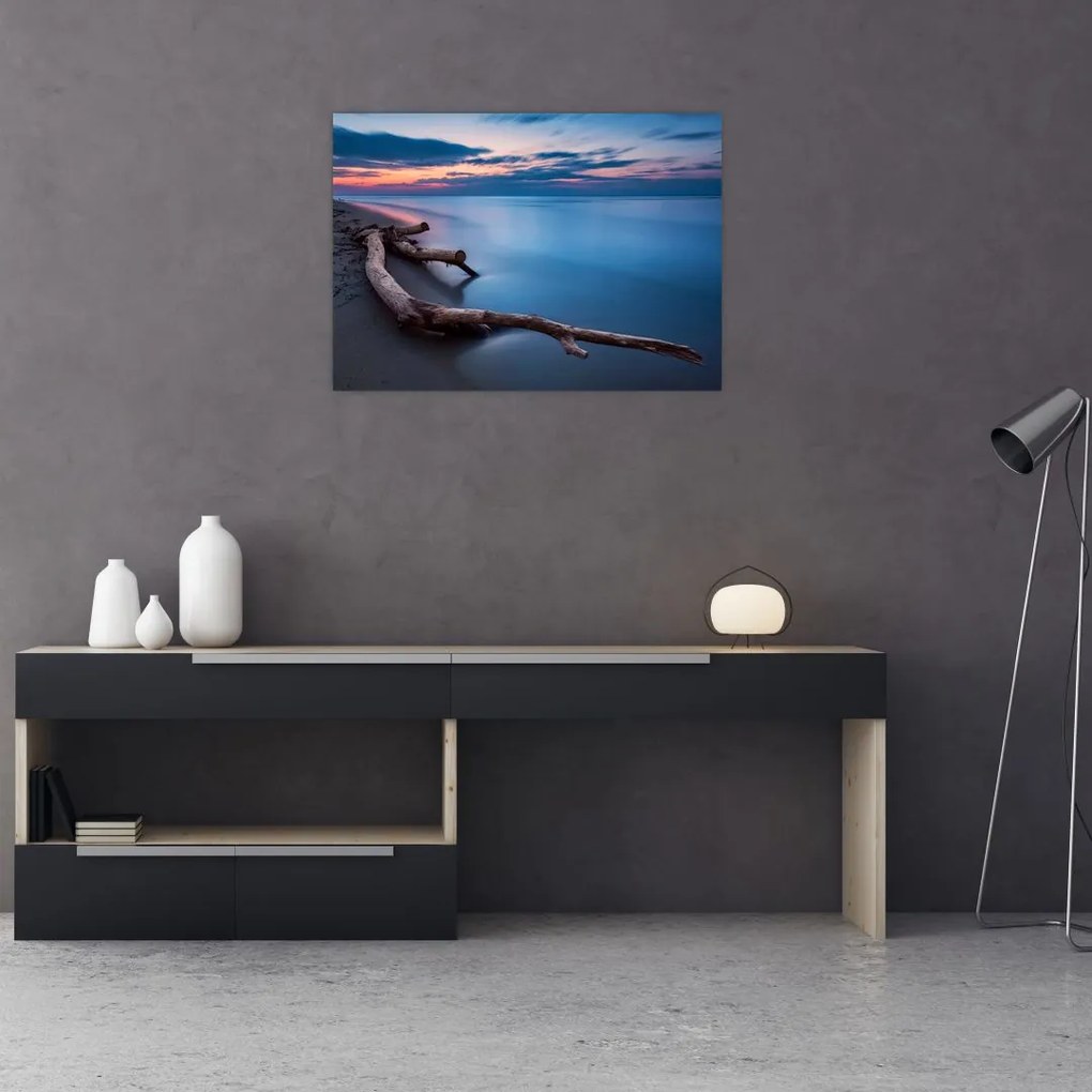 Tablou pe sticlă cu plaja în apus de soare (70x50 cm)