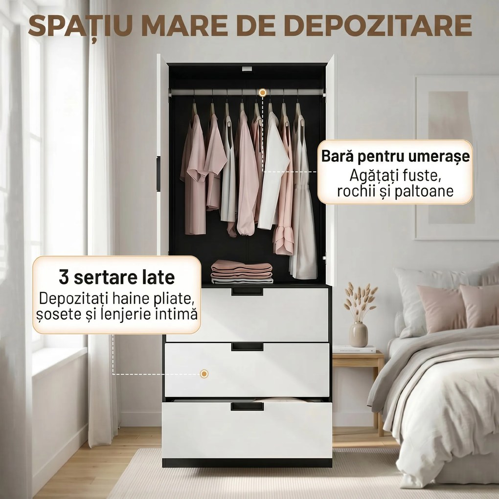 HOMCOM Dulap pentru Dormitor cu 2 Uși cu Închidere Amortizată, 3 Sertare, PAL, 80x50x180 cm, Alb și Negru | Aosom Romania
