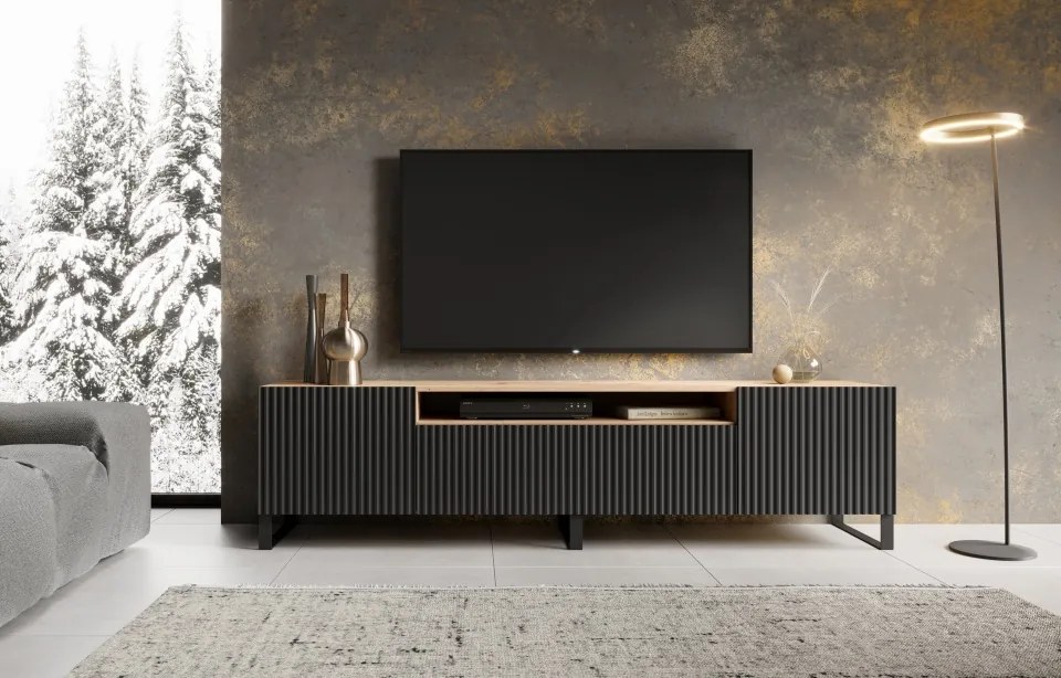 Comodă TV NOEMI Stand – 200x41x53 cm – Negru / Stejar Artisan