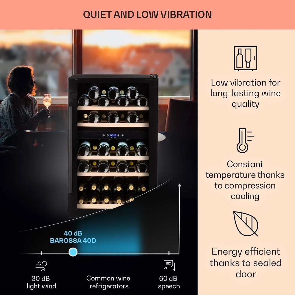 Klarstein Barossa 40D, răcitor de vinuri, 2 zone, 135 l, 41 de sticle, ușă de sticlă, tactil