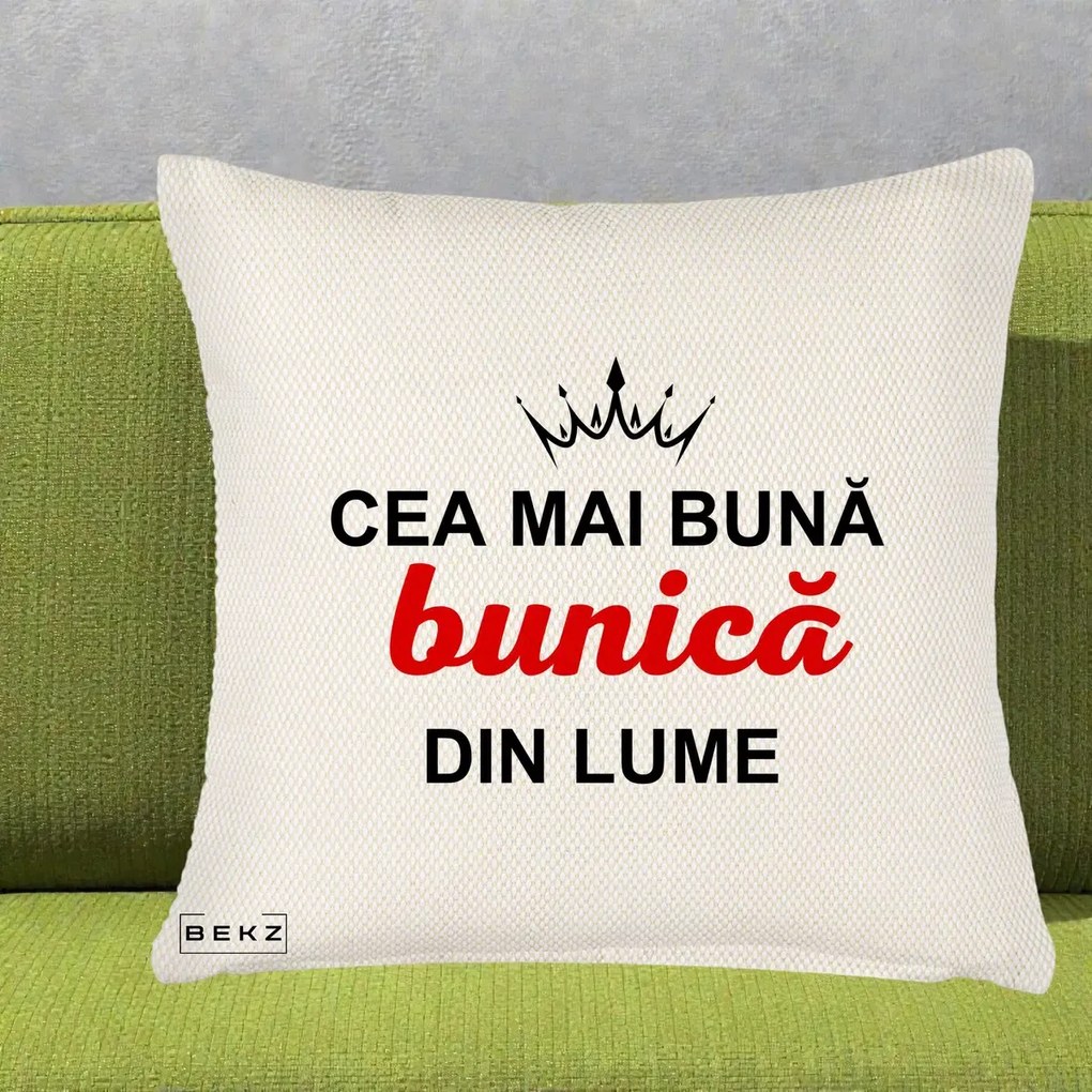 Cadou pentru Bunica - Perna Personalizata Cea Mai Buna Bunica Din Lume Coroana Neagra, 40x40 cm, Crem Reliefat, Husa Detasabila, Perna Inclusa, BEKZ®