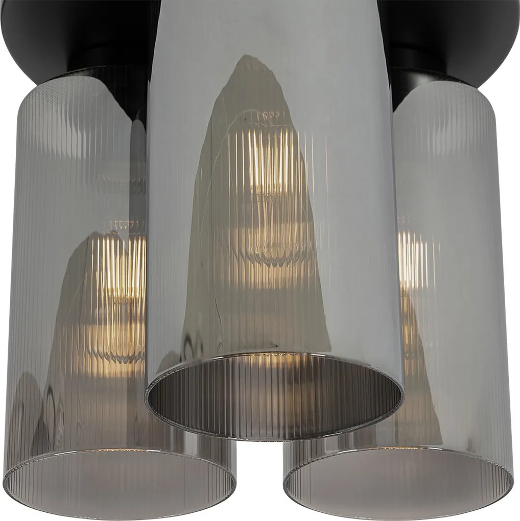 Plafoniera Art Deco neagră cu sticlă fumurie cu 3 lumini - Laura