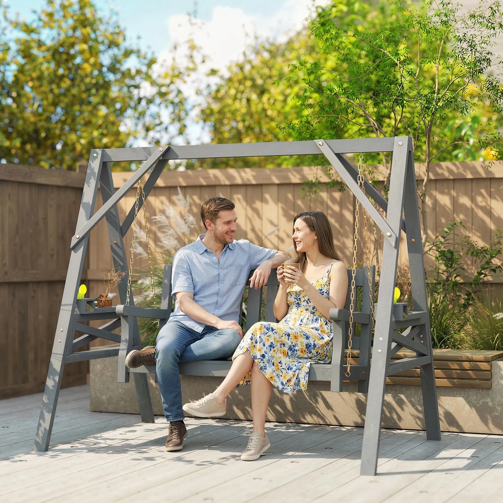 Outsunny Leagăn de grădină pentru 2 persoane, bancă-leagăn din lemn cu polițe, suport pentru băuturi și lanțuri metalice, Gri | Aosom Romania