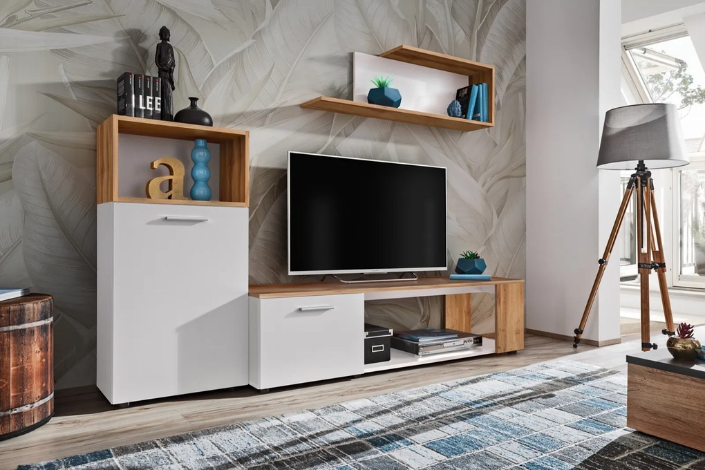 Living, comoda tv +dulapior si raft, alb stejar artisan, 200 cm lungime, modern, Bortis - Bortis Impex