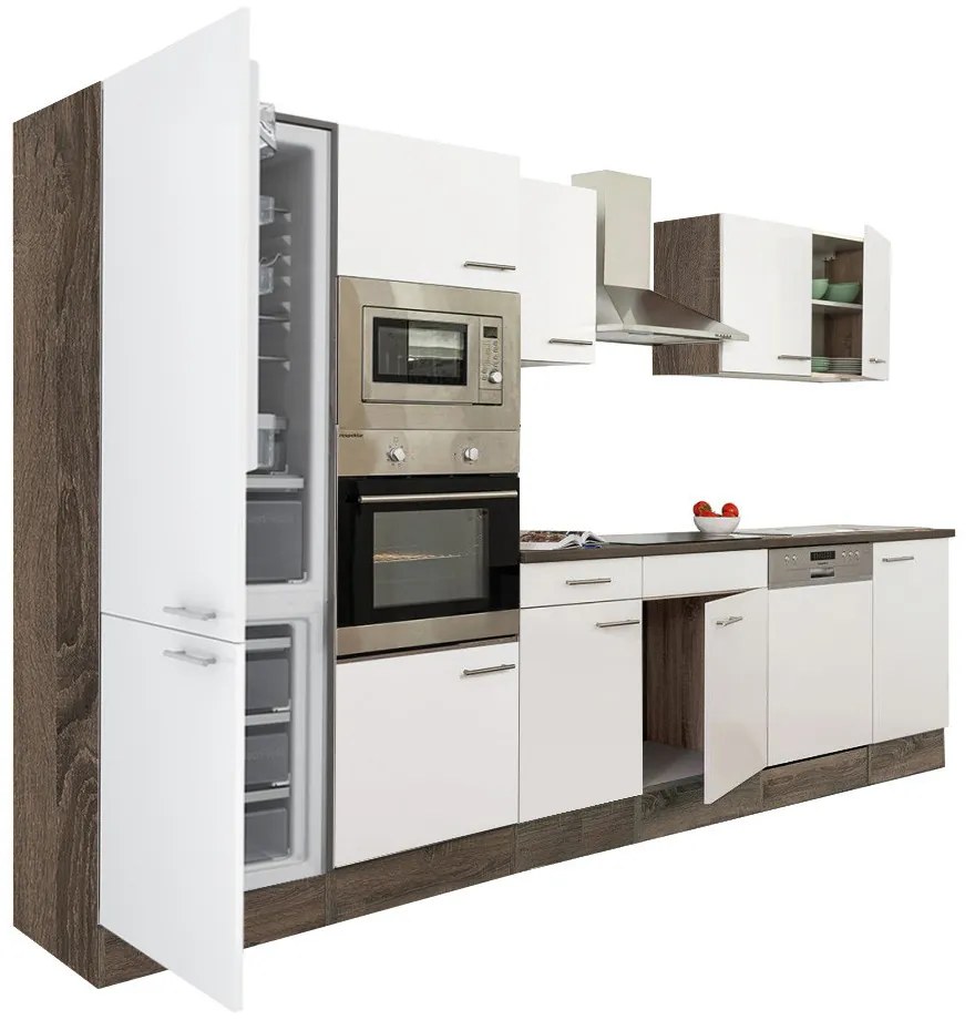 Mobilă de bucătărie Yorki 340, corp din stejar Yorki, față alb satinat, frigider cu congelator în partea de jos