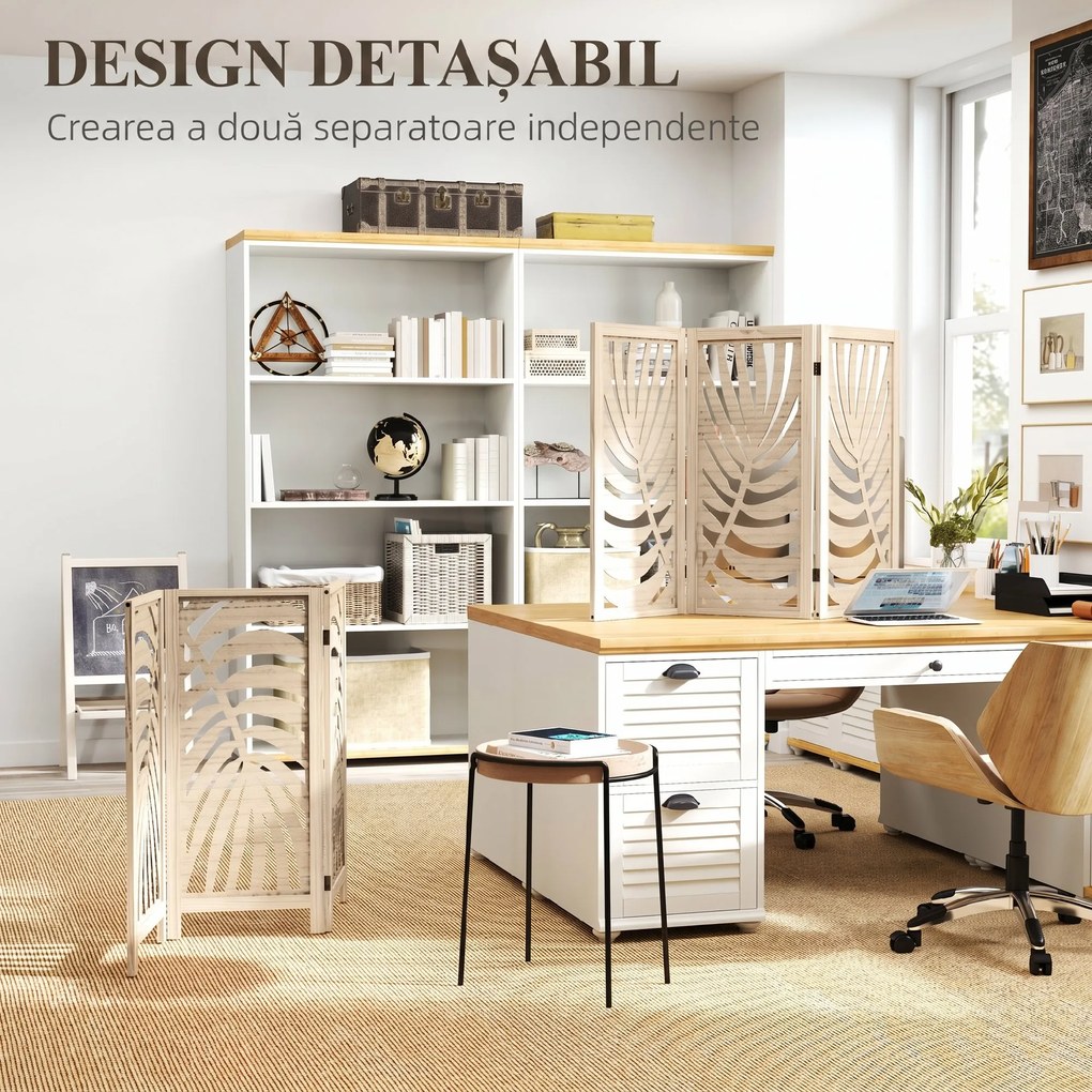 HOMCOM Paravan cu 3 Panouri, Separator Pliabil cu Design Frunze pentru Interior, Finisaj Natural | Aosom Romania