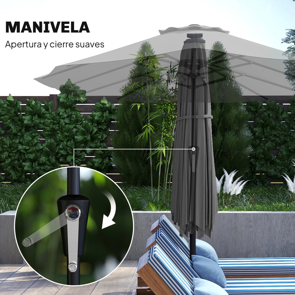 Outsunny Umbrelă Dublă de Grădină 4x2 m cu 36 LED-uri Solare UPF50+ Manivelă 12 Spițe Rezistentă la Apă Gri închis | Aosom Romania