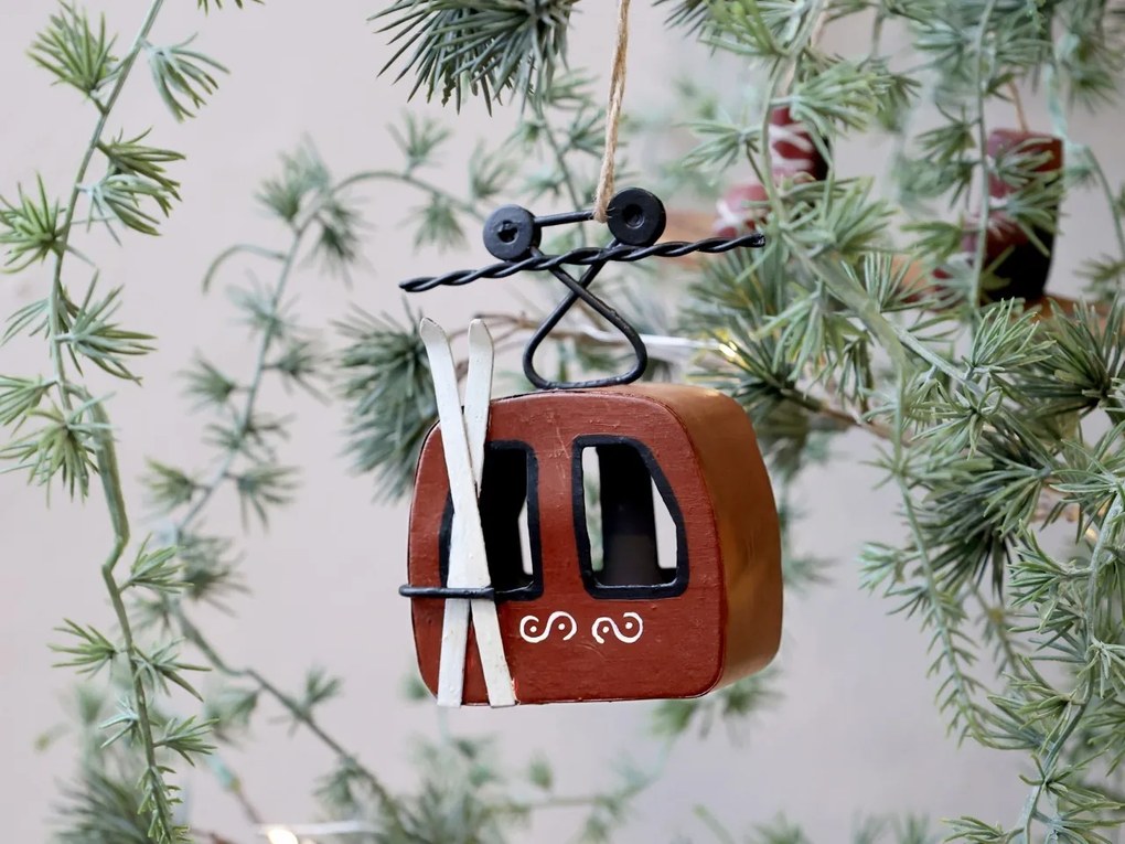 Ornament pentru brad din metal roșu antichizat, pictat manual, H7 cm, „Vintage Ski Lift”