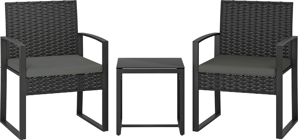 Outsunny Set bistro din rattan, set mobilier de grădină 3 piese cu 2 scaune, masă de cafea, perne detașabile, gri închis | Aosom Romania
