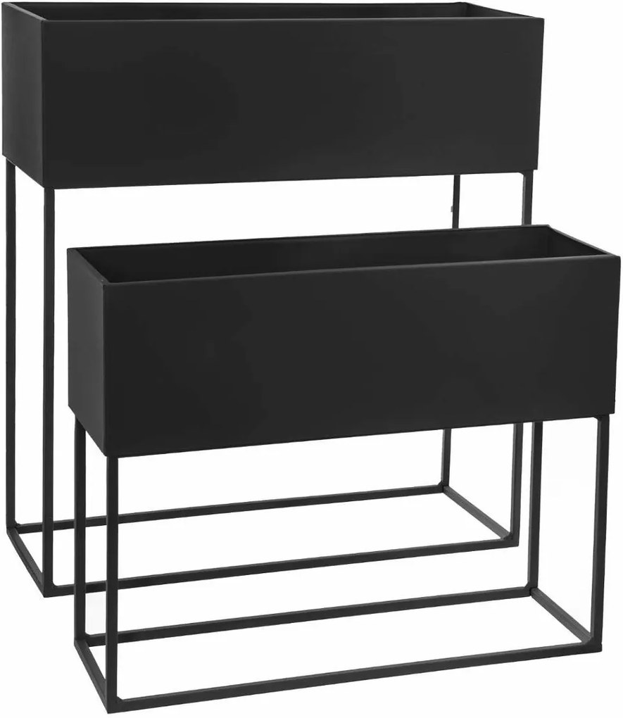 Suport modern pentru flori din metal, pentru 2 ghivece dreptunghiulare, de culoare neagră