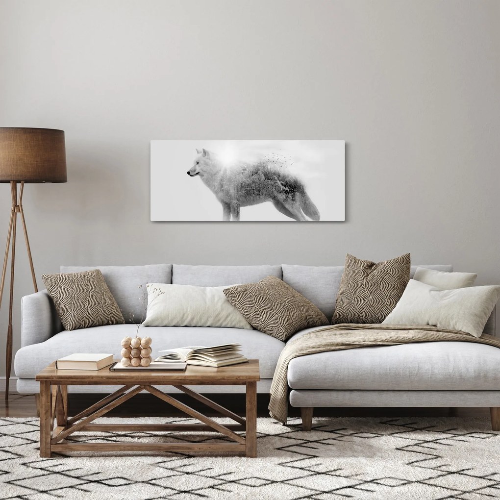 Tablou - Lupul arctic oglindit în peisajul sălbatic, alb-negru (120x50 cm)