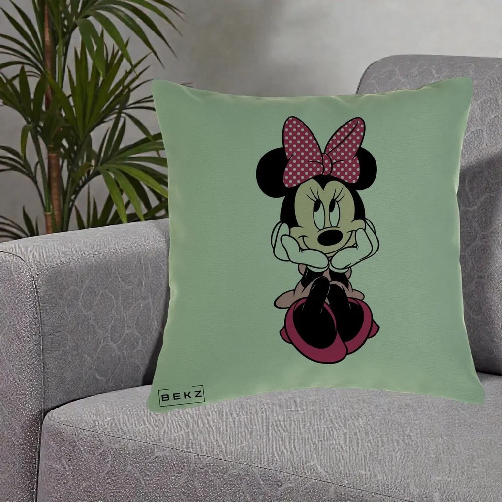 Perna Personalizata Minnie Mouse cu Fundita, 40x40 cm, Verde, Husa Detasabila, Perna Inclusa, BEKZ®