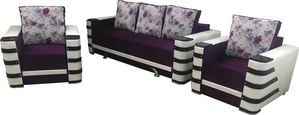 Set canapea extensibilă și fotolii, mov cu alb - model LARA