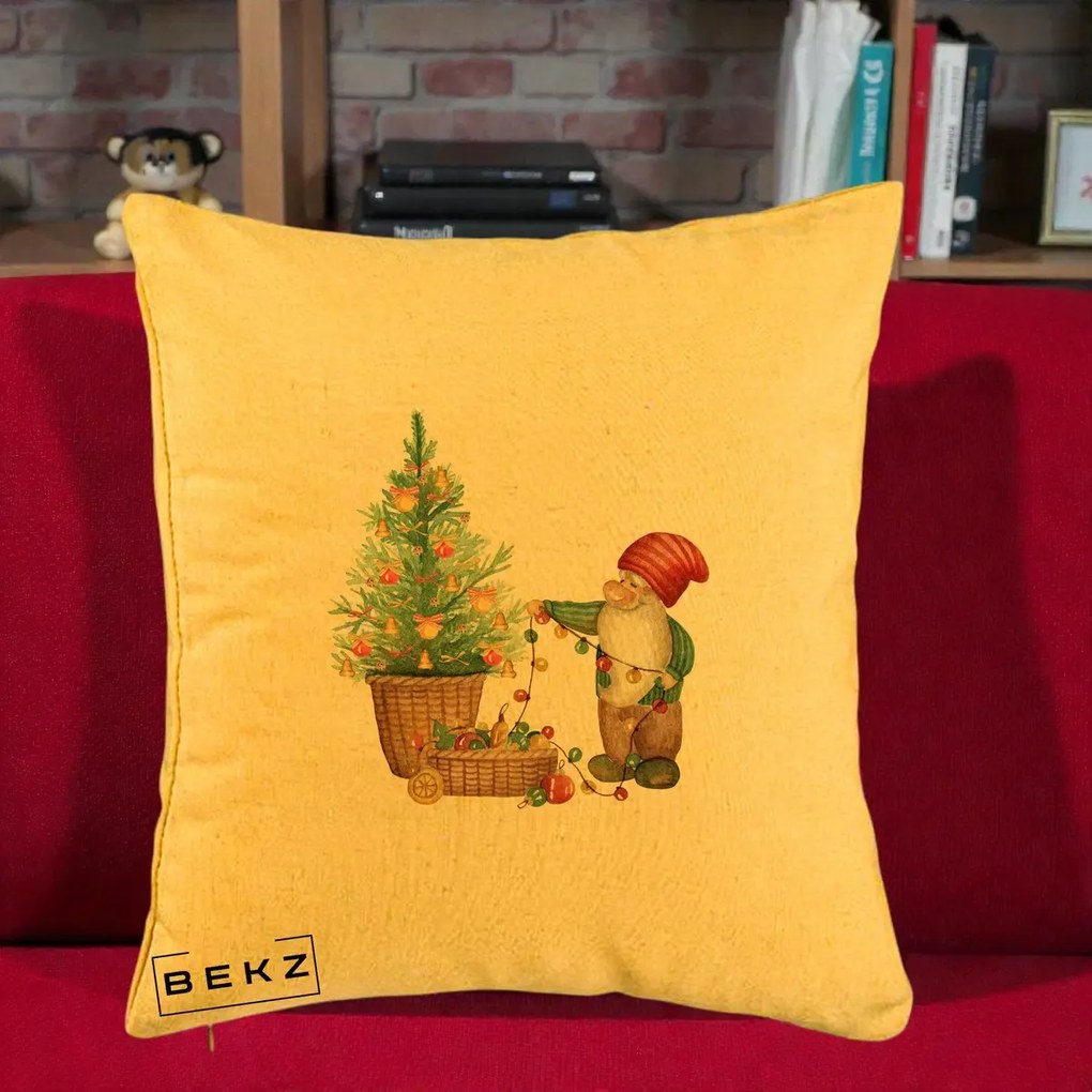 Perna Decorativa Pitic de Craciun cu Brad, 40x40 cm, Galben, Husa Detasabila, Perna Inclusa, BEKZ®