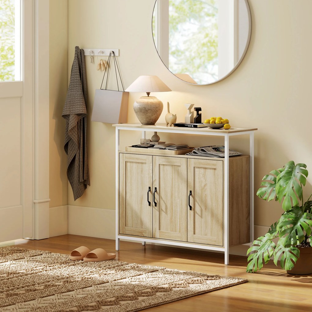 HOMCOM Bufet, corp de depozitare cu 3 uși, compartiment deschis și 4 rafturi reglabile, 100 x 35 x 88 cm, lemn natural | Aosom Romania