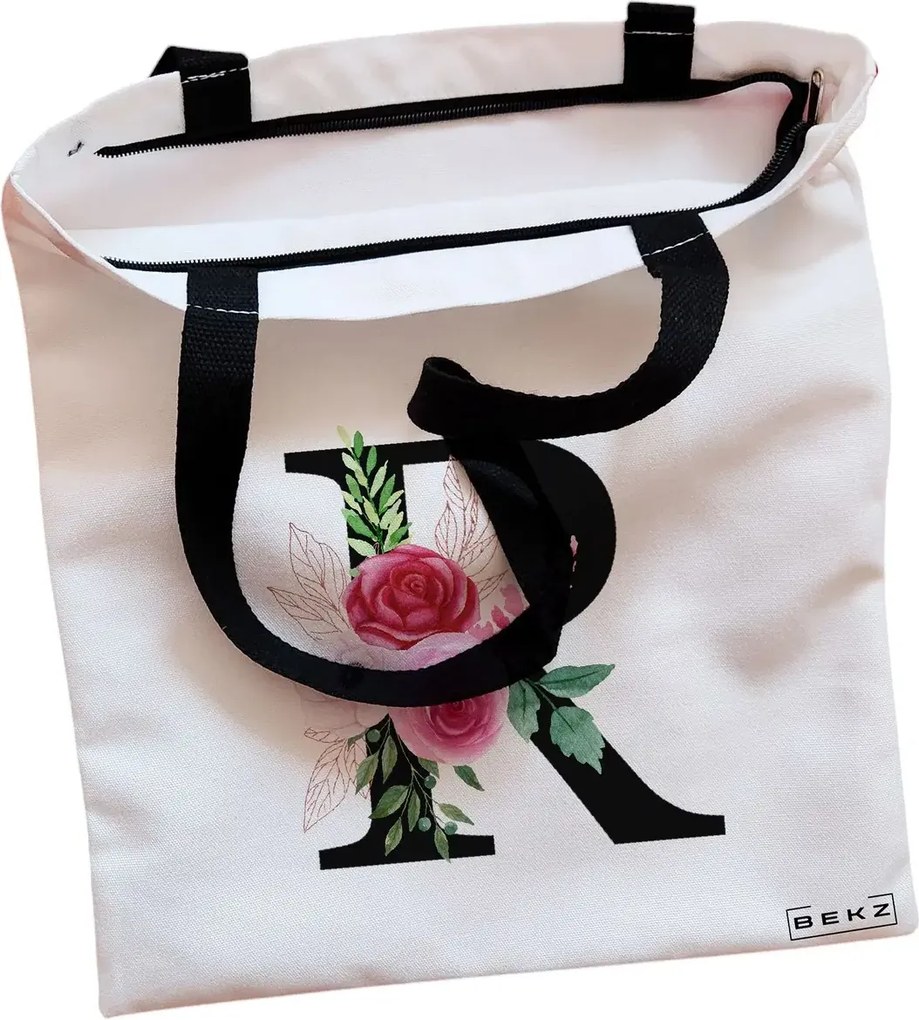 Sacosa de Panza pentru Cumparaturi, Geanta Tote, Cu litera R si Trandafiri, Cu fermoar, 38x34.5 cm, Alba, BEKZ®