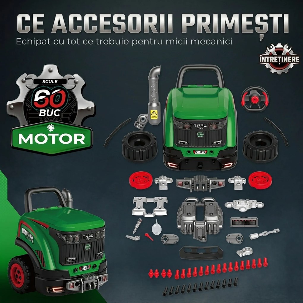 AIYAPLAY Atelier Camion Jucărie pentru Copii cu Motor, 60 Accesorii, Lumini și Sunete, 42x42x47 cm, Verde | Aosom Romania