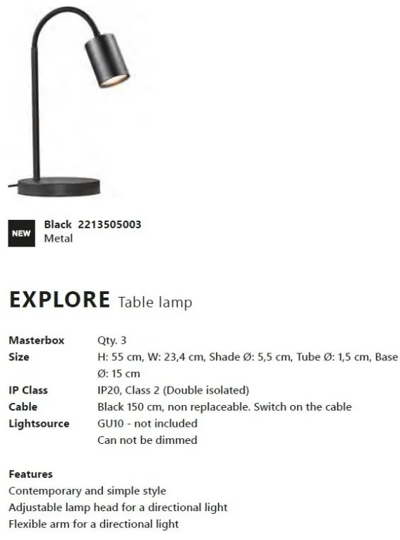 Veioza, lampa de masa design modern Explore negru