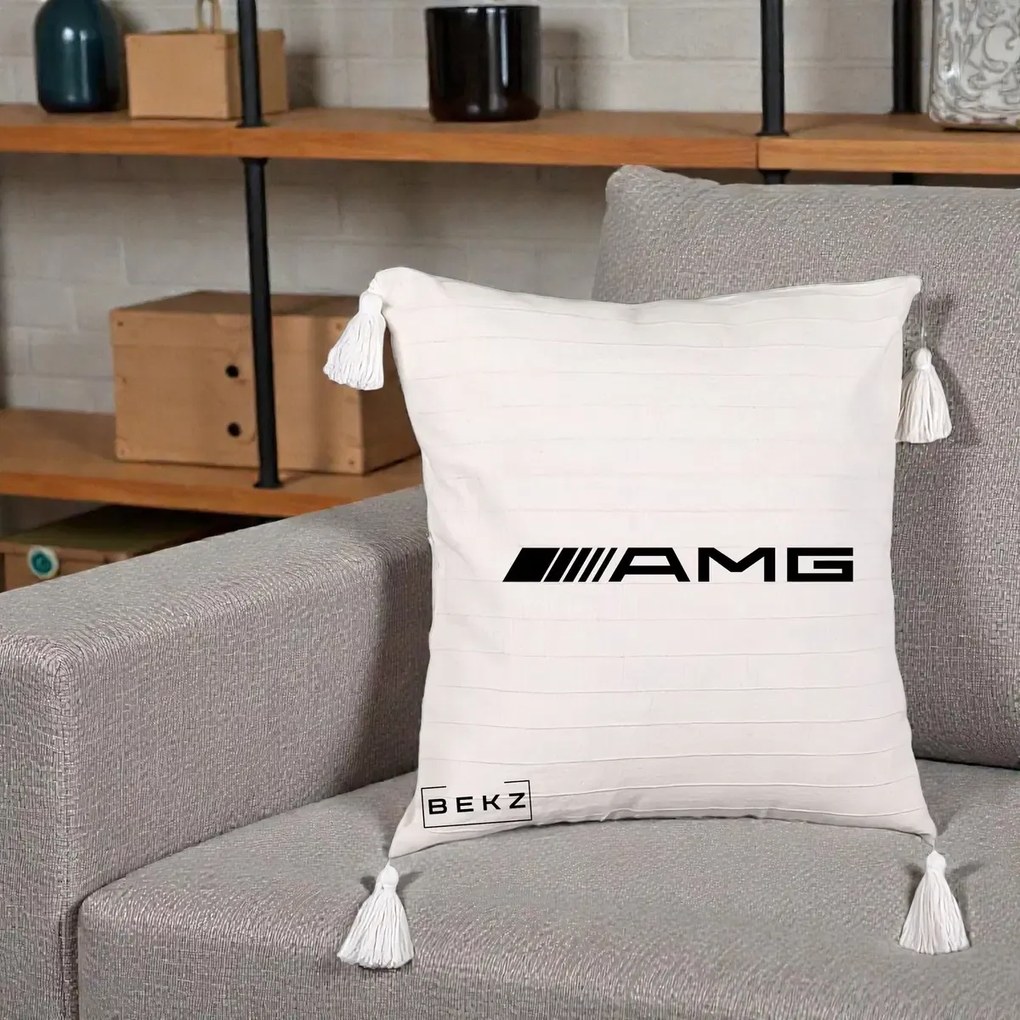Perna Personalizata cu emblema Mercedes-AMG, 40x40 cm, Bej cu Franjuri, Husa Detasabila, Perna Inclusa, BEKZ®