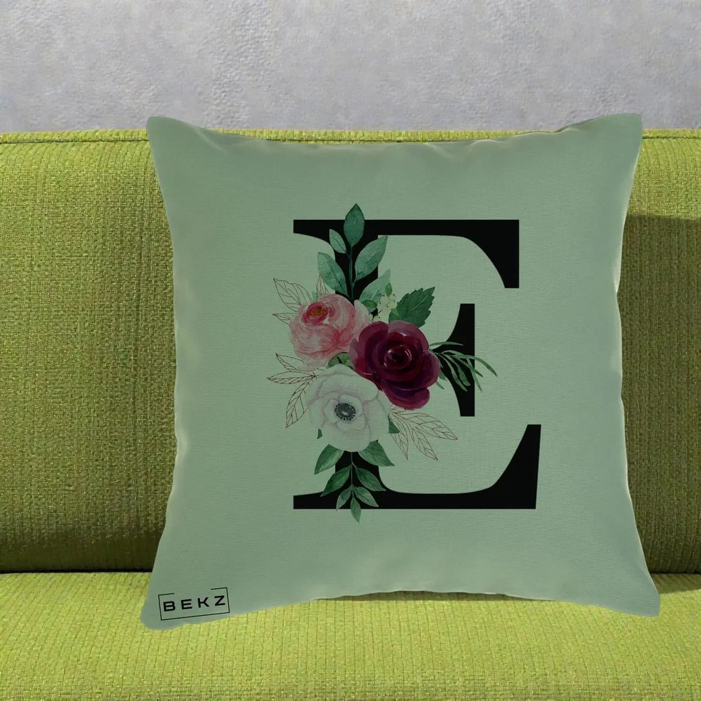 Cadou Personalizat - Perna Personalizata Monograma Florala Litera E, 40x40 cm, Verde, Husa Detasabila, Perna Inclusa, BEKZ®