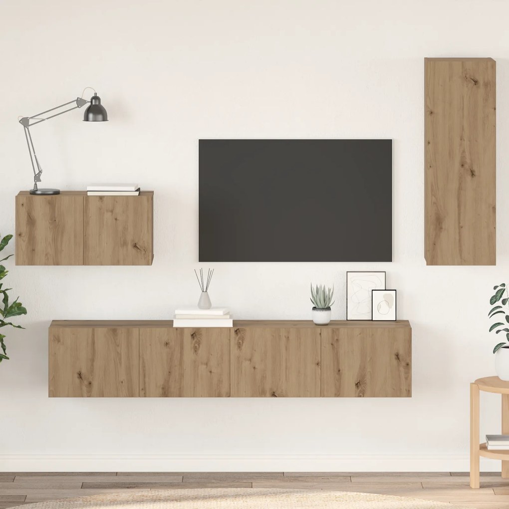 vidaXL Dulap pentru TV pe Perete cu raft Altele cu depozitare cu ușă 4 pcs Stejar artisanal